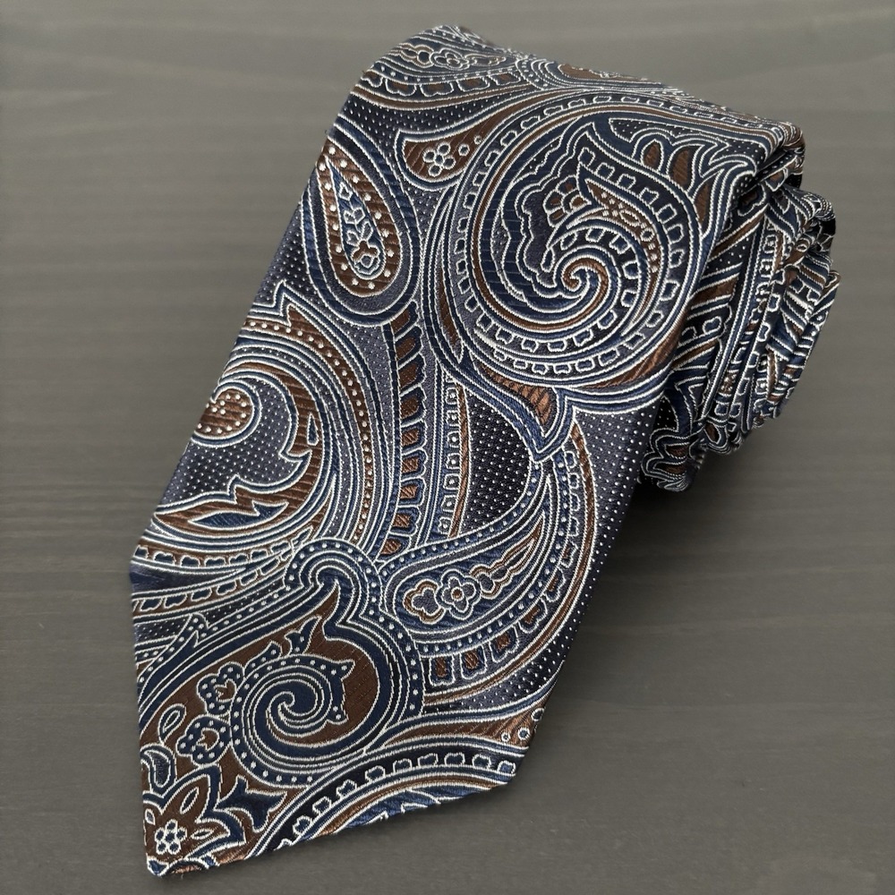 Hart Schaffner Marx Paisley Necktie Brown‎ Blue White Mens Classic Silk Blend